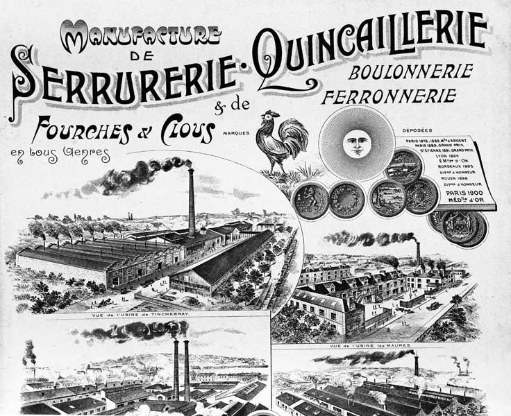 Tinchebray. Usine de quincaillerie dite usine de quincaillerie Mermier Lemarchand Réunis. Planche extraite du catalogue 2. Détail : Vue de l'usine de Tinchebray.
