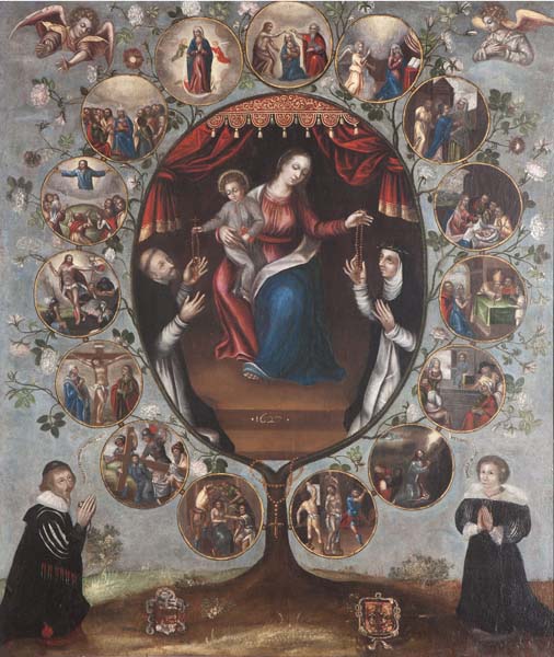 tableau d'autel : donation du Rosaire avec donateurs, vie du Christ
