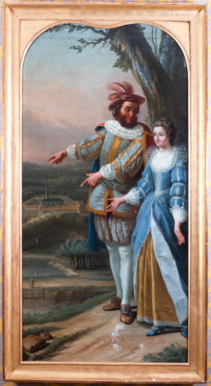tableau : Pierre II de Valois comte d'Alençon et du Perche et sa fille devant la chartreuse du Val-Dieu