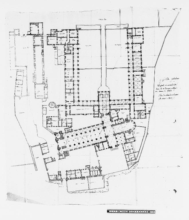 Plan du rez-de-chaussée de l'abbaye, Louis-Ambroise Dubut.- Dessin à l'encre, 1810. (Archives nationales de France, Pierrefitte. F/21/1878).