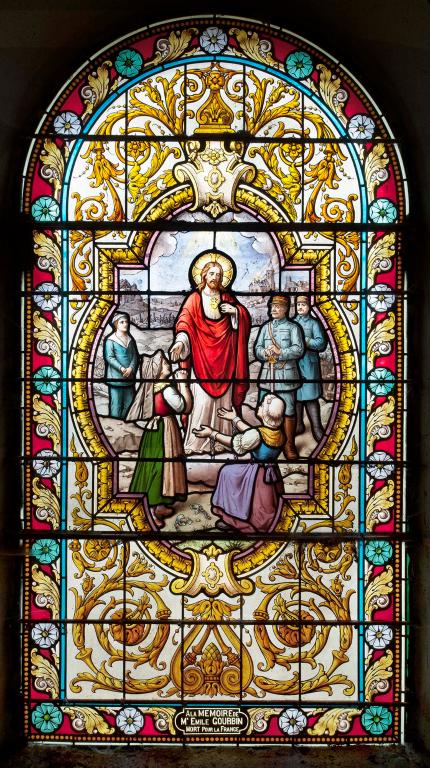 verrière mixte, historiée et commémorative de la guerre de 1914-1918 : Apparition du Sacré-Cœur de Jésus à l'Alsace et la Lorraine en présence du général Foch (baie 7)