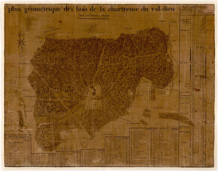 Plan géométrique des bois de la Chartreuse du Val-Dieu.- Dessin à la plume, non signé, 1790 (AD Orne. 65 B 105).