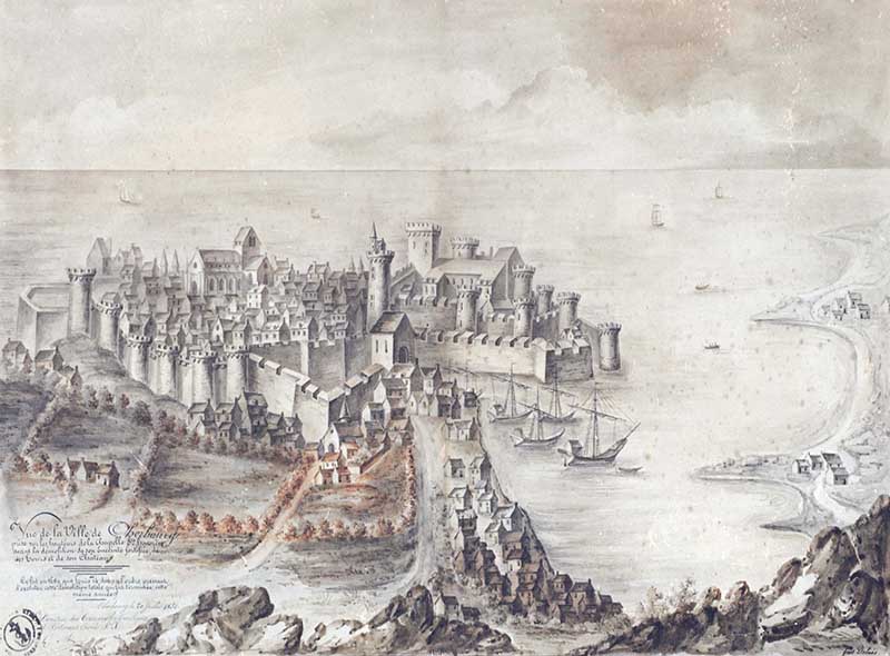 dessin : Vue de la ville de Cherbourg prise sur les hauteurs de la chapelle Sainte-Honorine avant la démolition de son enceinte fortifiée, de ses tours et de son château, le 25 février 1851