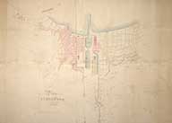 Plan manuscrit de la ville de Cherbourg.- Dessin à l'encre et aquarelle sur papier, 1827. (Bibliothèque municipale, Cherbourg-Octeville. Rouleau K, F° 123).