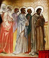 Détail : Saint-Jacques, un évangéliste (Jean ou Mathieu) et quatre autres apôtres (partie orientale de l'abside).