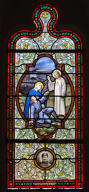 ensemble de 4 verrières mixtes hagiographiques et commémoratives de la guerre de 1914-1918 : Apparition du Sacré-Cœur de Jésus à un soldat soutenu par la Vierge, Saint Jean donnant la communion à la Vierge, Baptême du Christ, Crucifixion ; à la mémoire d'Alphonse Lemarchand et d'Albert Levillain (baies 7 à 10)