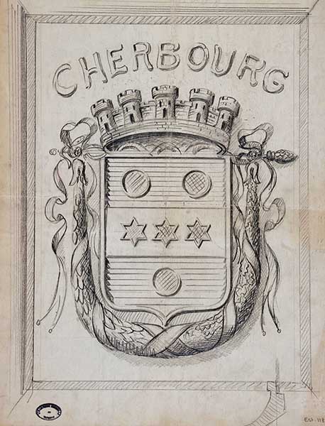 Cherbourg (Ecusson de la ville).- Dessin au crayon, 38,5 x 49,5 cm, s.d. (Bibliothèque municipale, Cherbourg-Octeville. Boîte GF 4).