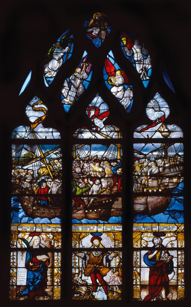 verrière, baie 7 : Le combat de la Salamandre, Sainte Barbe, saint Eustache, saint Jean-Baptiste