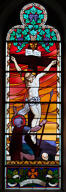 Ensemble de 2 verrières historiées et commémoratives de la guerre de 1914-1918 : Crucifixion et Apparition à Saint Thomas, à la mémoire de Ernest Cahu et Emile Rube
