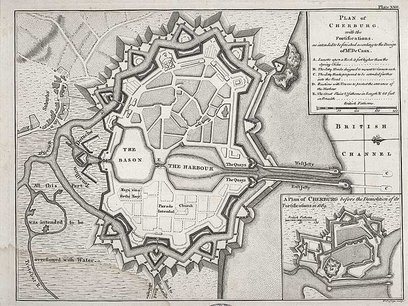 Plan of Cherbourg with the fortifications as intended to be finished according to the Design of Mr de Caux.- Gravure de Zefferys, Z. (graveur). (Bibliothèque municipale, Cherbourg-Octeville. Plan non-coté).