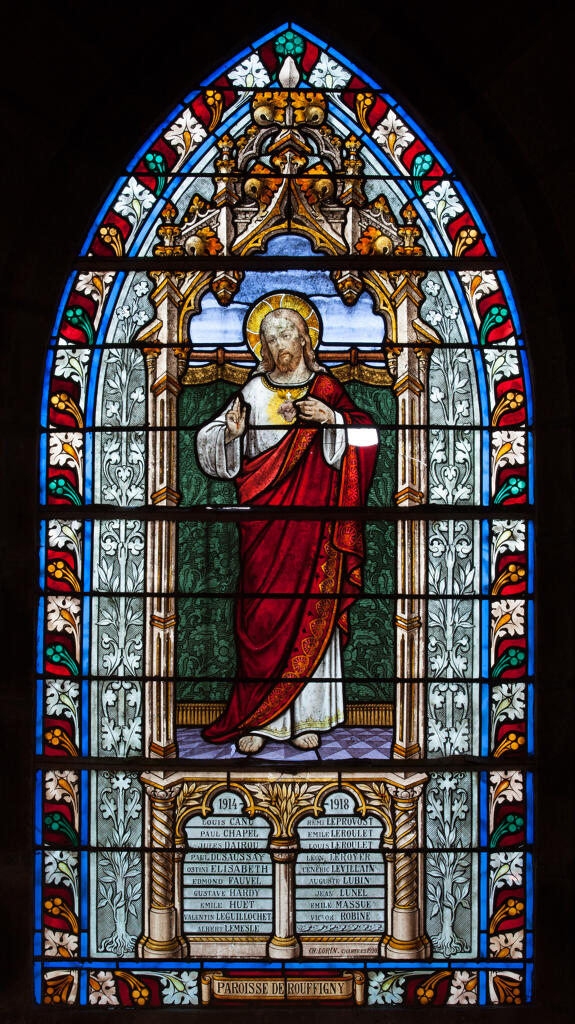 Verrière historiée et commémorative de la guerre de 1914-1918 : Le Sacré-Cœur de Jésus 