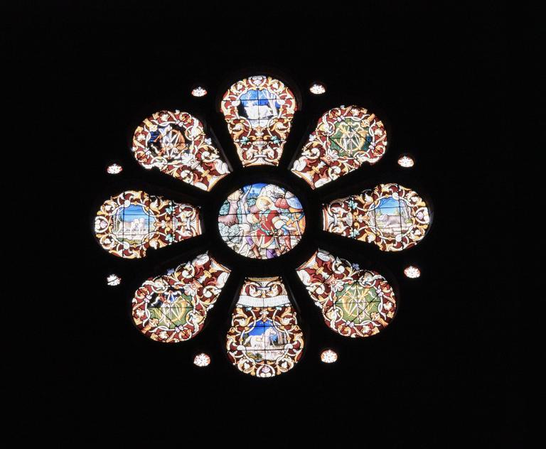 ensemble des verrières du 19e siècle et du 20e siècle : baies 13, 15, 17, 18, 21, 22, 25, 26, 101