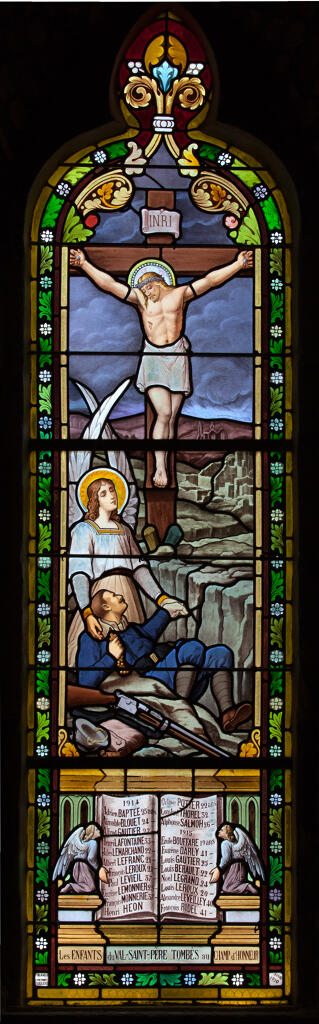 Ensemble de 6 verrières hagiographiques : Sainte Marie-Madeleine Postel et bienheureux Auguste Chapdeleine, Notre-Dame de Pontmain et sainte Thérèse de l'Enfant Jésus, Christ en Croix apparaissant à un soldat mourant, Jésus au jardin des oliviers.