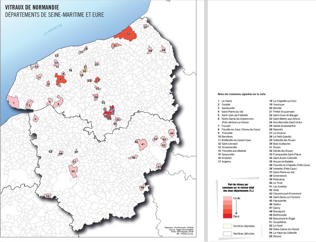 Répartition des vitraux en lien avec la guerre de 1914-1918 dans les départements du Calvados, de la Manche et de l'Orne.- Infographie service SIG Région Normandie, 2018.
