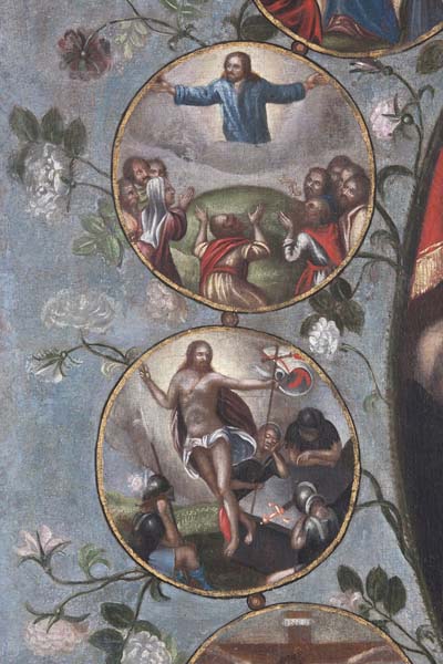 tableau d'autel : donation du Rosaire avec donateurs, vie du Christ