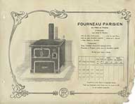 Fourneau parisien, en tôle et fonte, à arcade.- Album publicitaire des fourneaux de cuisine et chauffage des Etablissements Rebour, 1921. (Collection particulière Jean-Claude Verrier, Pont-d'Ouilly).
