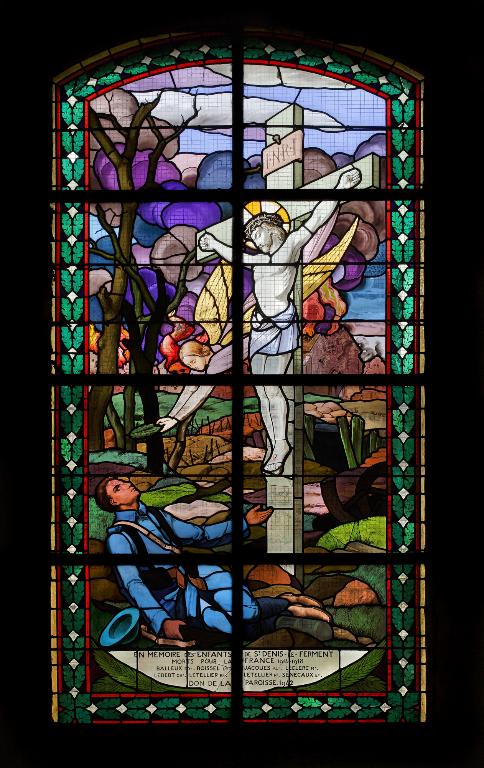 verrière historiée et commémorative de la guerre de 1914-1918 : Soldat mourant au pied de la Croix