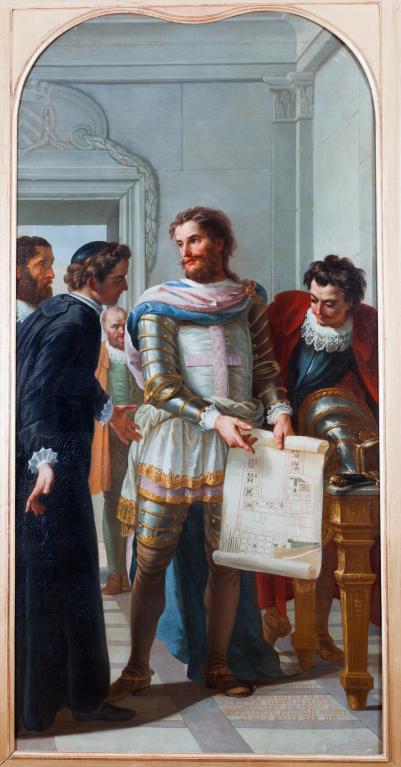 tableau et son cadre : Rotrou III comte du Perche présentant le plan de la chartreuse du Val-Dieu à ses fils