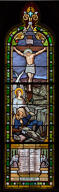 Ensemble de 6 verrières hagiographiques : Sainte Marie-Madeleine Postel et bienheureux Auguste Chapdeleine, Notre-Dame de Pontmain et sainte Thérèse de l'Enfant Jésus, Christ en Croix apparaissant à un soldat mourant, Jésus au jardin des oliviers.