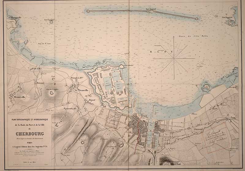 Plan topographique et hydrographique de la rade, du port et de la ville de Cherbourg.- Gravure, 1860. (AM Cherbourg-Octeville. plan non-coté).