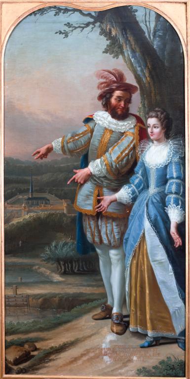 tableau : Pierre II de Valois comte d'Alençon et du Perche et sa fille devant la chartreuse du Val-Dieu