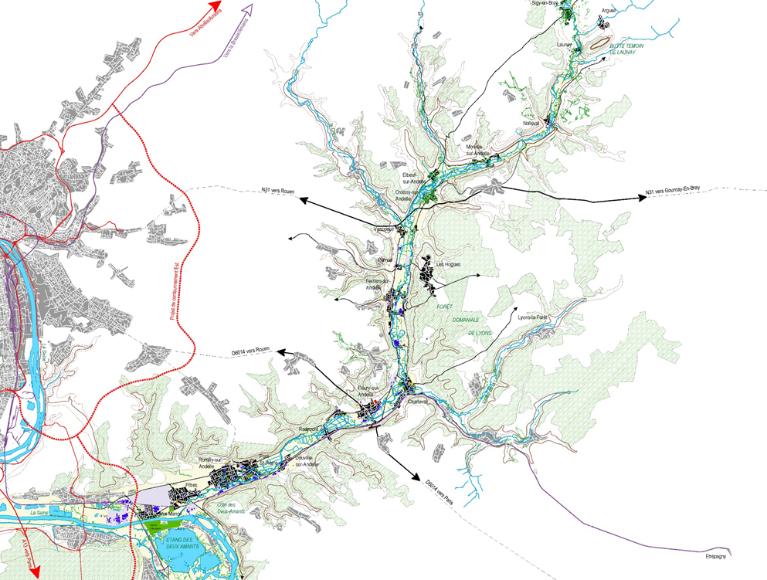 Carte du bassin de l'Andelle : réseau hydraugraphique, routier, ferroviaire et implantation urbaine.