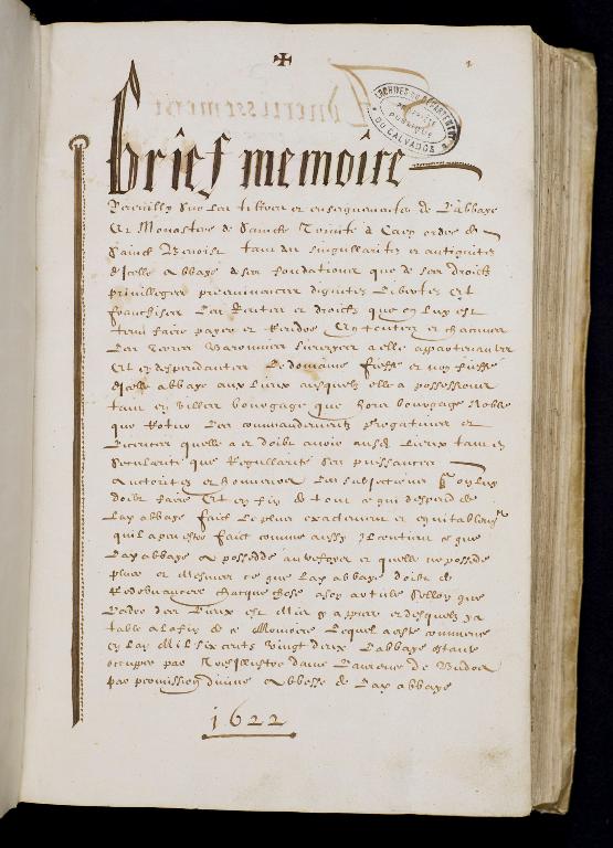 Bref mémoire des chartes, antiquitez et fondations de l'abbaye de la Trinité de Caen, f°2.- 1624. (Archives départementales du Calvados. 2 H 5).