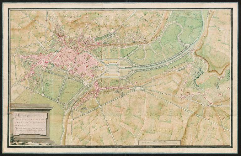 Plan de la ville de Caen et de ses abords, Armand-Bernardin Lefebvre.- Dessin à l'encre aquarellé, 1778. (Service historique de la Défense, Vincennes. GR 1h 490).
