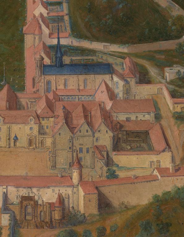 Vue de détail de la Cartusia Vallis Dei, province cartusienne de France-sur-Loire : la porterie, une partie de la cour d'honneur, le petit cloître et l'église.- Huile sur toile, Jean-Baptiste (?) de Cany, 1688 (musée de la Correrie, Saint-Pierre-de-Chartreuse).