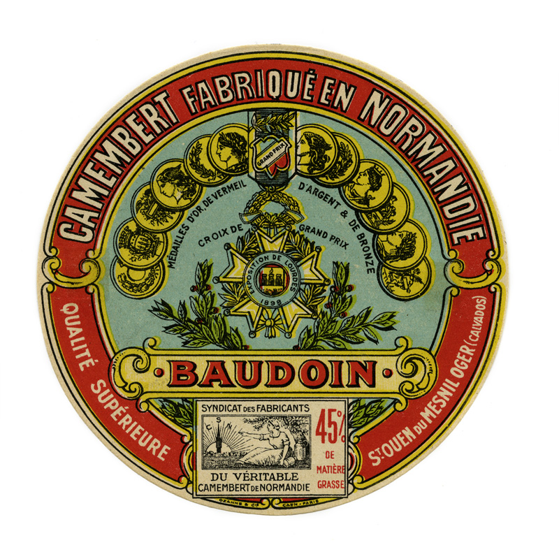 Saint-Ouen-du-Mesnil-Oger. Fromagerie Baudouin. "Camembert fabriqué en Normandie - St Ouen du Mesnil Oger (Calvados) - Baudouin".- Etiquette de fromage. (Musée de Normandie, Caen).