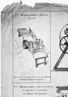 Machine à fendre le merrain sur fil.- Gravure, sur feuille publicitaire, imp. Bénard et Cie, s. d., vers 1830. (AD Calvados. Z 2064).