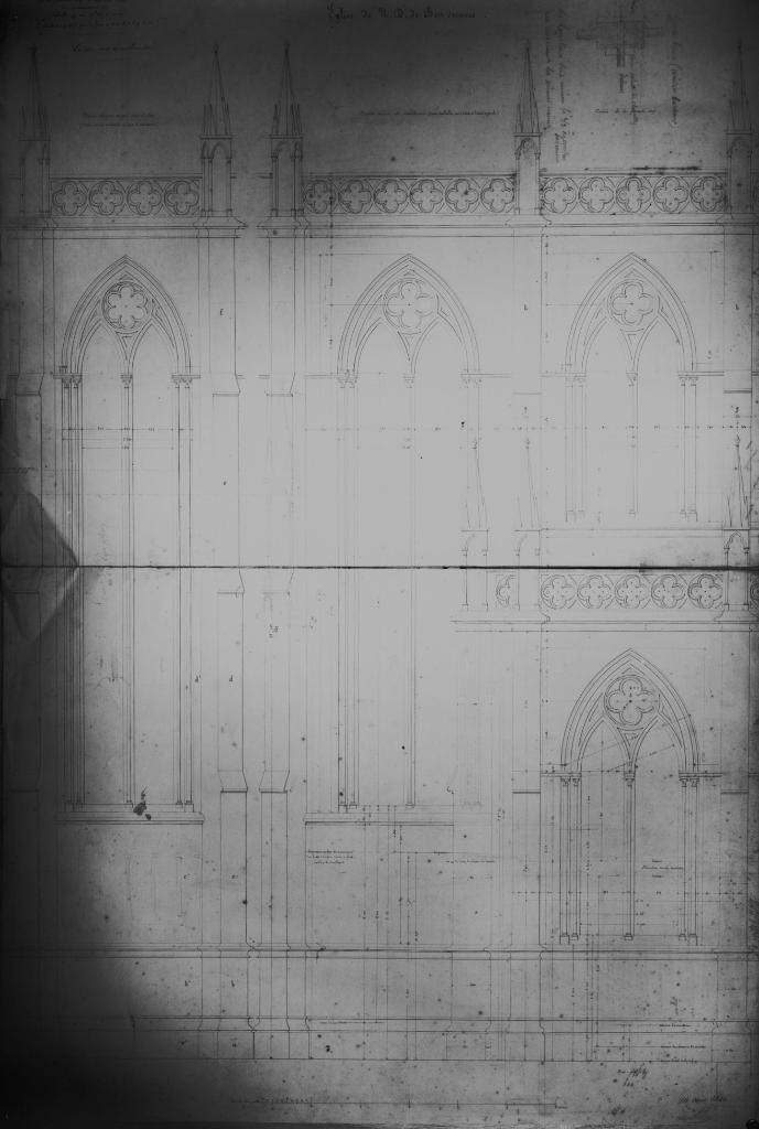 ensemble de plans et dessins d'architecture de la basilique Notre-Dame de Bonsecours
