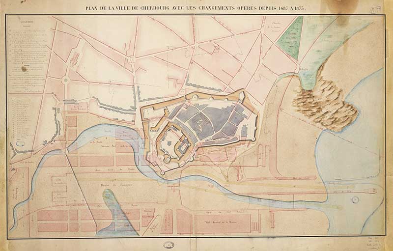 Plan de la ville de Cherbourg avec les changements opérés depuis 1687 à 1875.- Dessin à l'encre et aquarelle sur papier, s.d. (Bibliothèque municipale, Cherbourg-Octeville. Album K, vol 3, F° 108).