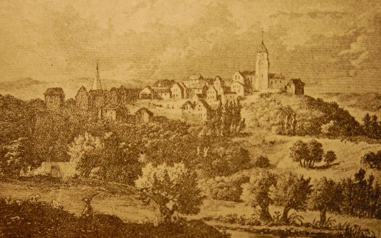 Vue d'ensemble du bourg de Mauves.- Gravure, vers 1600, extrait de "Histoire locale de Mauves / Ernest Boissière, 1955. (AD. Orne, US 205).