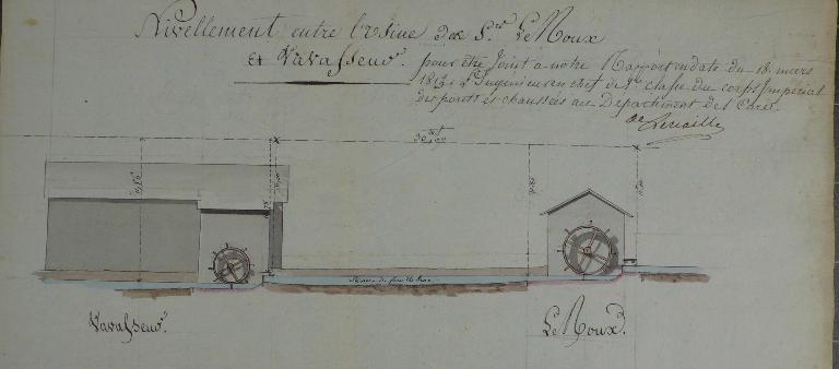 Elévation du moulin à blé de l'Eglise et du moulin à papier Le Roux 18 Mars 1813 (AD27, 18S 82).