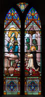 Ensemble de 2 verrières historiées et commémorative de la guerre de 1914-1918 : Présentation de la France au Sacré-Coeur en présence de saint, Apparition de la Vierge à saint Dominique de Guzman