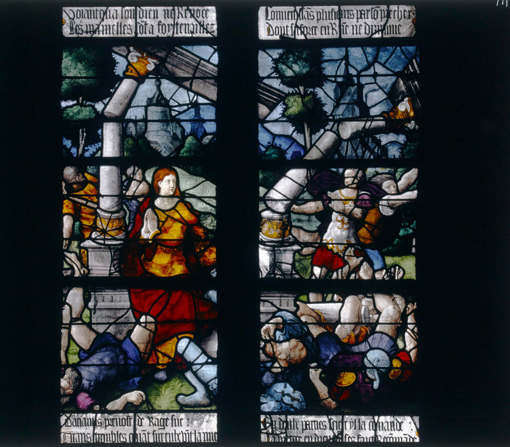 verrière hagiographique et historiée : Martyre de sainte Foy et miracle du temple (baie 1)