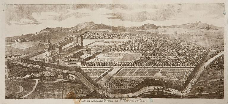 Vue cavalière de l'abbaye royale de Sainte Trinité de Caen.- Gravure, François-Philippe Charpentier, août 1774. (Bibliothèque de Caen. FNE 2345).