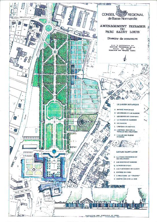 Conseil régional de Basse-Normandie. Aménagement paysager du parc Saint-Louis, dossier de concours, avec la participation des services techniques de la ville de Caen, direction des espaces verts.- Plan, Michel Bourne, 1990.
