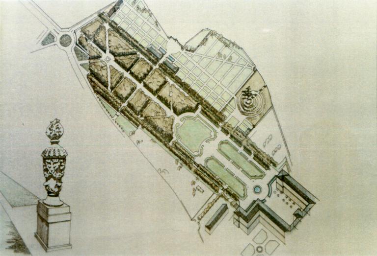 jardins de l'abbaye de bénédictines de la Trinité dite abbaye aux Dames, actuellement parc dit parc Michel-d'Ornano de l'hôtel de Région