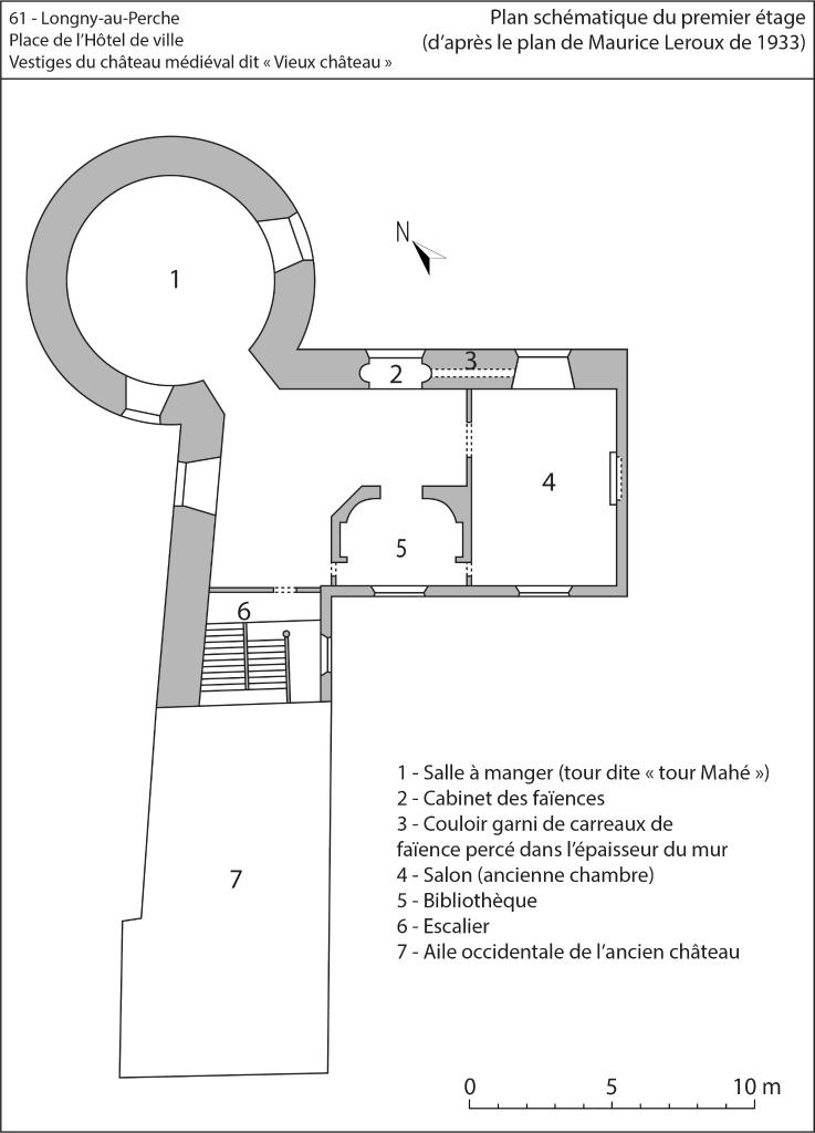 Vestiges du château médiéval dit "vieux château", plan schématique du premier étage (d'après le plan de Maurice Leroux de 1933 : AD Orne - SHAO 1333).