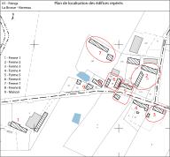 Plan de localisation des édifices repérés.- Dessin assisté par ordinateur, Florent Maillard, 2019 (fond : ministère de l'action et des comptes publics + AD Orne. 3 P 2-160/1 à 3 P 2-160/12).