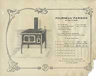 Fourneau parisien, en tôle et fonte.- Album publicitaire des fourneaux de cuisine et chauffage des Etablissements Rebour, 1921. (Collection particulière Jean-Claude Verrier, Pont-d'Ouilly).