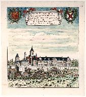 Vue méridionale de l'abbaye depuis la prairie, Louis Boudan.- Dessin à l'encre aquarellé, 1702. (Bibliothèque nationale de France, département des Estampes. VA-14(4)-FOL).