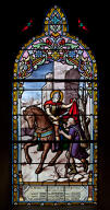 Ensemble de 2 verrières hagiographiques et commémoratives de la guerre de 1914-1918 : Charité de Saint Martin et Mort de Saint Martin entouré de ses disciples