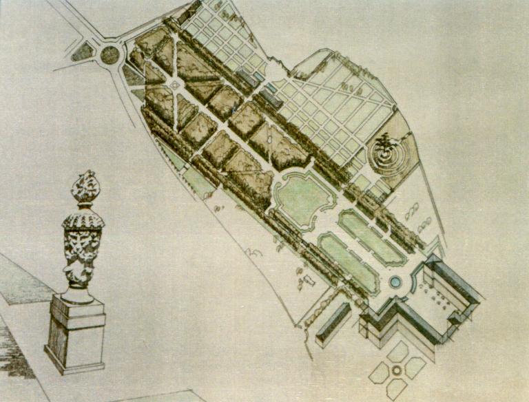 jardins de l'abbaye de bénédictines de la Trinité dite abbaye aux Dames, actuellement parc dit parc Michel-d'Ornano de l'hôtel de Région