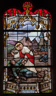verrière hagiographique et commémorative de la guerre de 1914-1918 : Apparition du Christ de la Passion à un soldat mourant ; à la mémoire de Jacques Legros