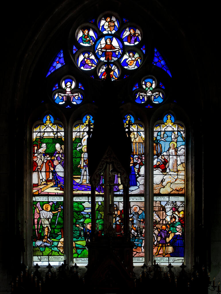 verrière hagiographique, commémorative et ex-voto de la guerre de 1914-1918 : Vie de sainte Jeanne d'Arc (baie O)