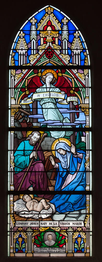 ensemble de 3 verrières figurées hagiographiques et commémoratives de la guerre de 1914-1918 : La Vision d'Ostie de saint Augustin d'Hippone et de sainte Monique, Notre-Dame de Pontmain, Nativité ; à la mémoire d'Auguste Cauvin, de Léon Lerendu et d'Emile Gèmier (baies 5, 6 et 11)