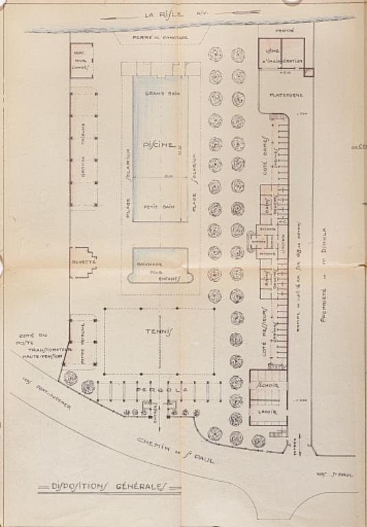 Projet de stade nautique et tennis, plan par René Planchon, juin 1936 (AM Pont-Audemer, 1 M 41).